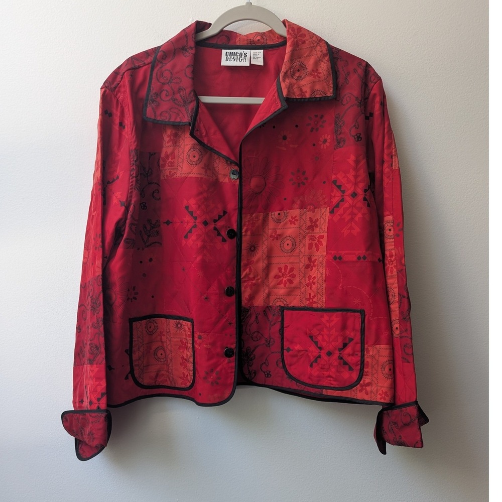 Vtg Chicos Design Quilted Jacket Red Black Patchwork Silk Button Front Sz 2 (L)